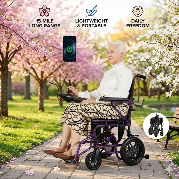 Electric Wheelchairs for Adults，Lightweight Foldable Wheelchair 15 Miles Long Travel Range, 360° Joystick Control Motorized Wheelchair, Support 286 lbs with LED Light Power Wheelchair (Purple)