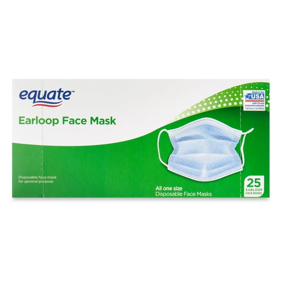 Equate Earloop Disposable Face Masks, Blue, 25 Count