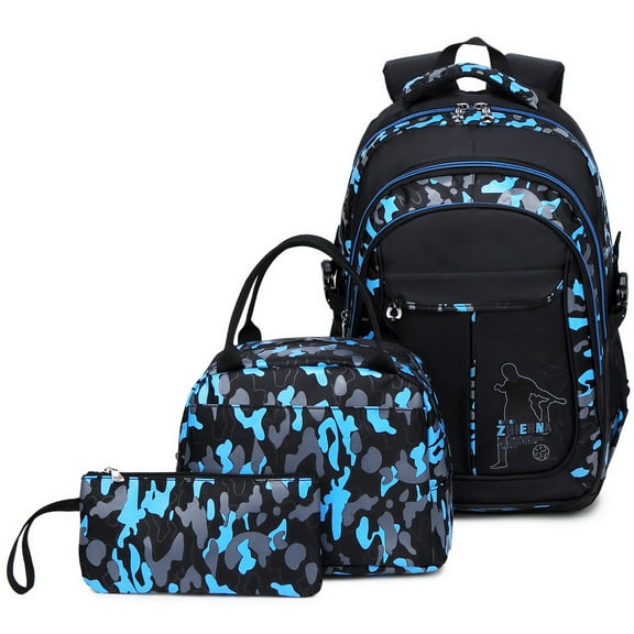 Forestfish Camo Blue Backpack Set for Teen with Lunch Bag and Pencil Case Water Resistant Lightweight Large Bookbag