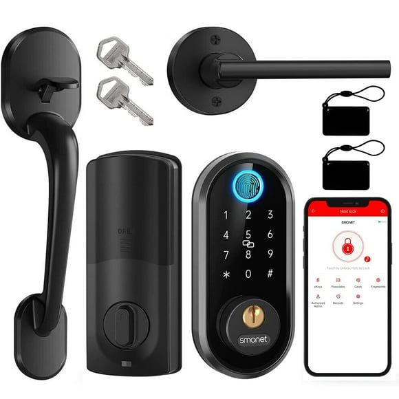 Front Smart Door Lock Set, SMONET Keyless Entry Door Lock with Touchscreen Keypads Fingerprint Door Lock Bluetooth Digital Biometric Deadbolt Lock with Handle for Homes, House, Apartment