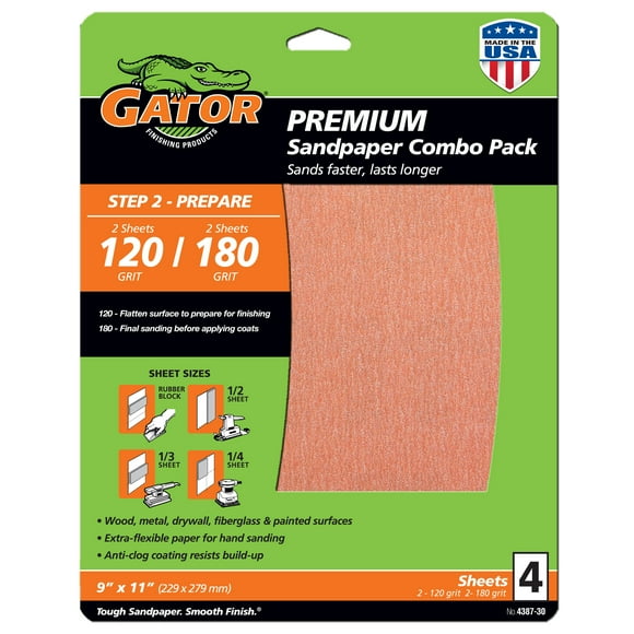 Gator 438730 9 in x 11 in 120/180 Grit Premium Sandpaper Combo Pack, 4 Pieces