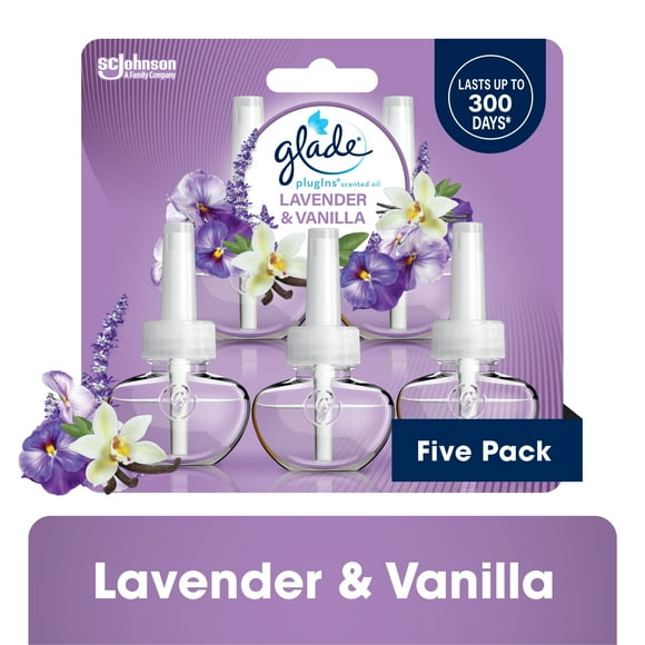 Glade PlugIns Scented Oil 5 Refills, Air Freshener, Lavender & Vanilla Fragrance, Essential Oil Infused Wall Plug In, 3.35 FL oz, Pack of 5