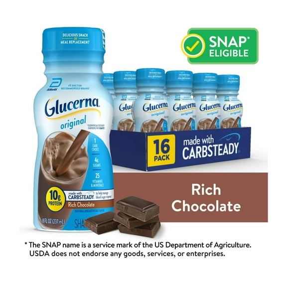 Glucerna Original Diabetic Protein Shake, Rich Chocolate, 8 fl oz Bottle, 16 Count