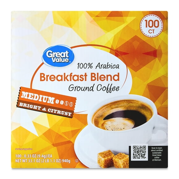 Great Value 100% Arabica Breakfast Blend Medium Roast Ground Coffee Pods, 33.1 oz, 100 Count
