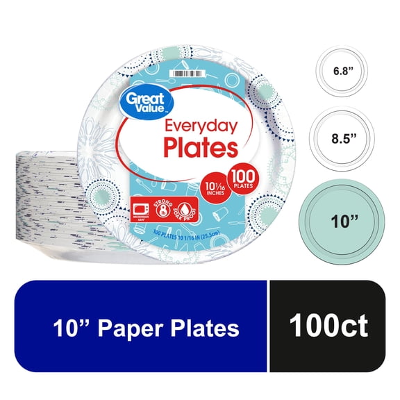 Great Value Disposable Paper Plates, 10", 100 Count