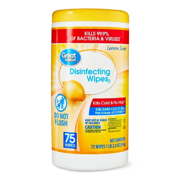 Great Value Lemon Scent Disinfecting Wipes, 1 Lbs, 5.5 oz, 75 Count