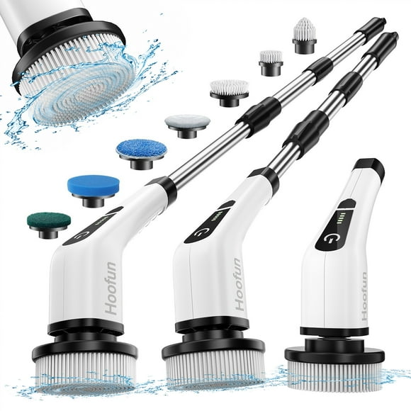 HOOFUN Electric Spin Scrubber, Cordless Bath Tub Power Scrubber with Long Handle & 7 Replaceable Heads, Detachable as Short Handle, Shower Cleaning Brush Household Tools for Bathroom & Tile Floor