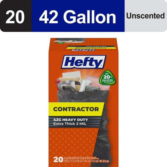 Hefty Heavy Duty Contractor Large Trash Bags, Made with 20% Post-Consumer Recycled Materials, 42 Gallon, 20 Count