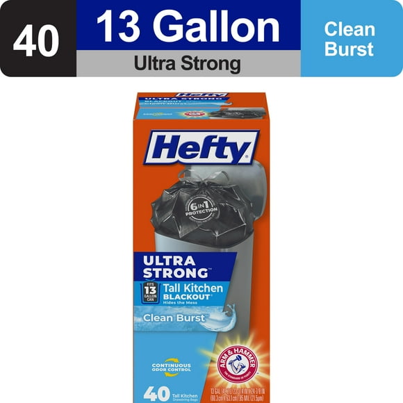 Hefty Ultra Strong 13 Gallon Trash Bags, Tall Kitchen Trash Bags, Blackout, Clean Burst Scent, 40 Bags