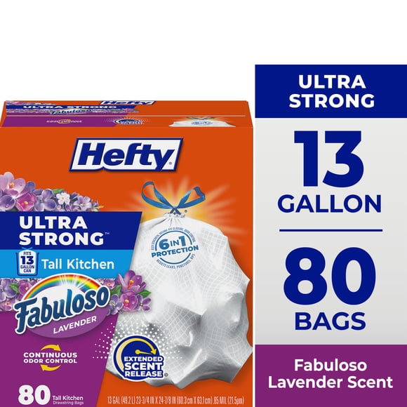 Hefty Ultra Strong 13 Gallon Trash Bags, Tall Kitchen Trash Bags, White, Fabuloso Lavender Scent, 80 Bags