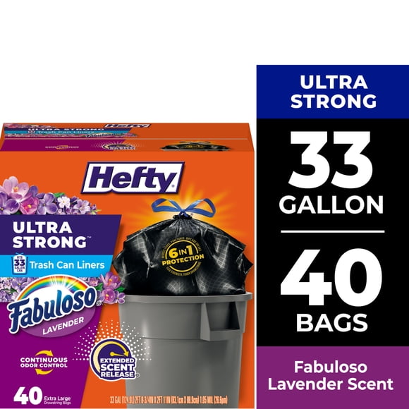 Hefty Ultra Strong 33 Gallon Trash Bags, Large Trash Bags, Black, Fabuloso Scent, Made with 20% Post-Consumer Recycled Materials, 40 Bags