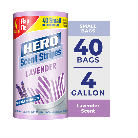 Hero Scent Stripes 4-Gallon, Lavender Scented, Small Flap Tie Trash Bags, 40 Count