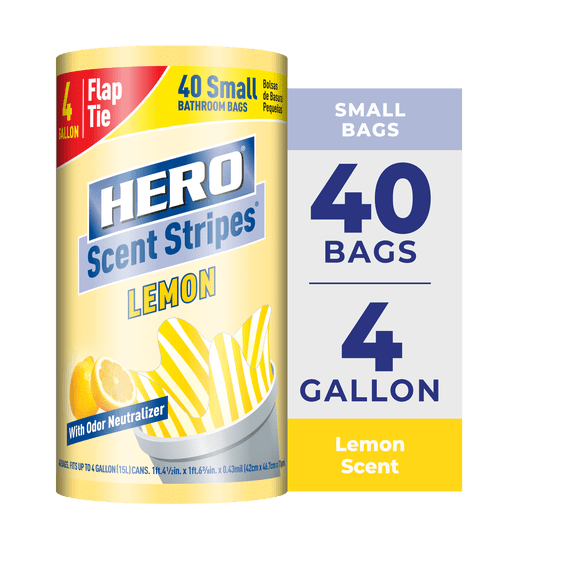 Hero Scent Stripes 4-Gallon, Lemon Scented, Small Flap Tie Trash Bags, 40 Count