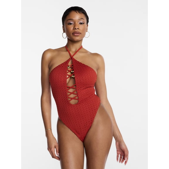 Hot Girl Summer by Megan Thee Stallion Women’s and Women's Plus Summer Stallion Lace Up One-Piece Swimsuit, Sizes XS-3X