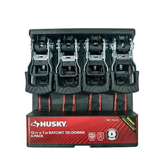 Husky 4 Pack Storage Heavy duty Tie-Down Ratcheting, Polyester Black