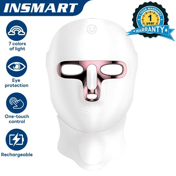INSMART LED Face Mask for Face and Neck - 7 Color Light Therapy Photon Mask, Rechargeable Anti-Aging & Skin Rejuvenation, Wireless Design