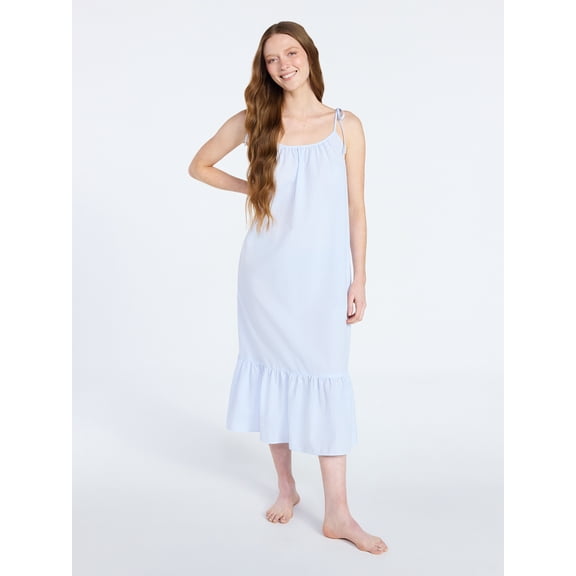 Joyspun Women's Seersucker Midi Sleep Gown with Shoulder Tie, Sizes XS to 3X