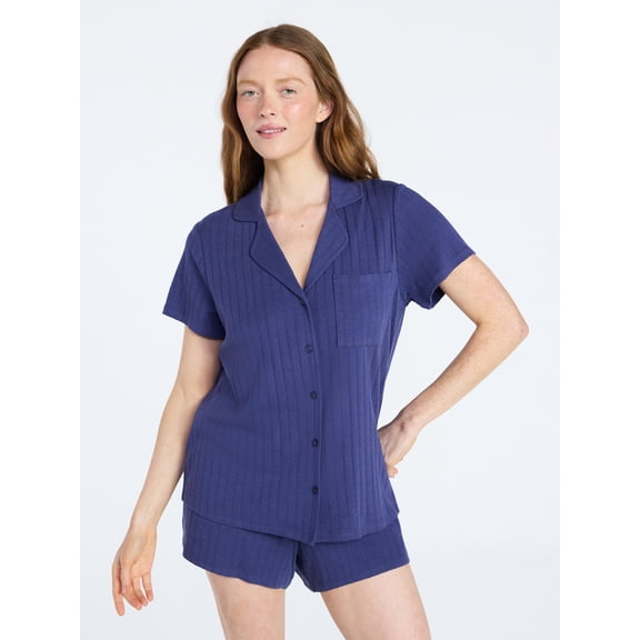 Joyspun Women’s Pointelle Knit Notch Top and Shorts Pajama Set, 2-Piece, Sizes XS-3X