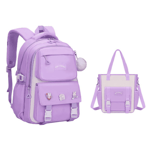 KAMUGO Girls Backpack Set 2Pcs,Bookbag and Shoulder Bag for Kids,Waterproof Casual Daypack with Lunch Bag(Purple)