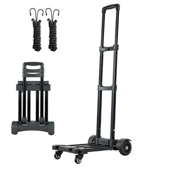 KFFKFF Folding Hand Truck, 290 lbs Capacity, Compact Luggage Cart with 4 Wheels, 2 Elastic Straps & Adjustable Base, Versatile Dolly for Travel, Office, and Moving, Black