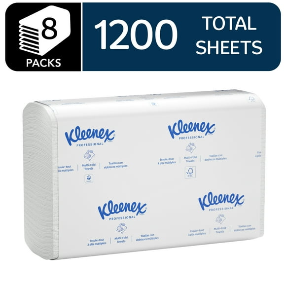 Kleenex® Universal Multifold Paper Towels, Bulk (02046), 9.2" x 9.4" Sheets, White, (150 Sheets/Pack, 8 Packs/Case, 1,200 Sheets/Case)