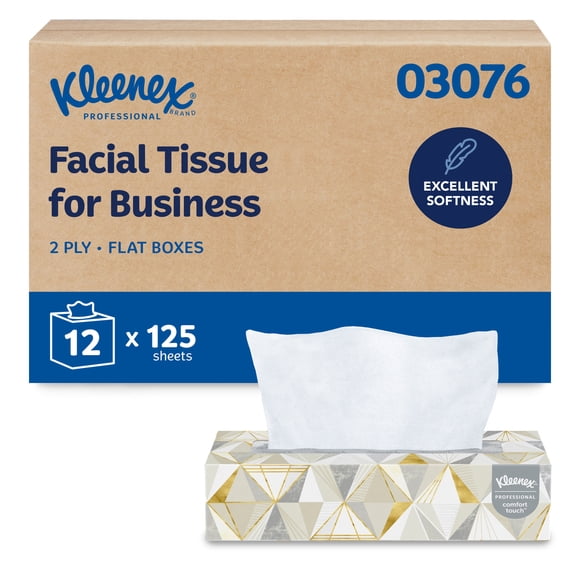 Kleenex Professional Facial Tissue, Bulk (03076), 2-Ply, White, Flat Facial Tissue Boxes for Business, Convenience Case (125 Tissues/Box, 12 Boxes/Case, 1,500 Tissues/Case)