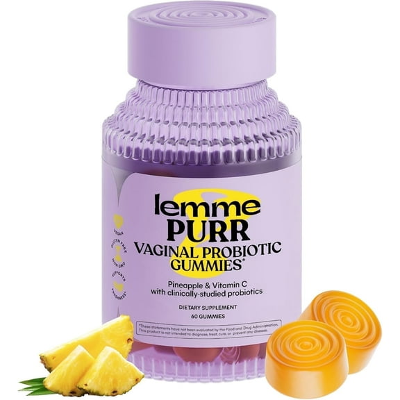 Lemme Purr Vaginal Probiotic Gummies for Women - Balanced pH, Healthy Odor, Yeast Balance & Flora Support + Vitamin C for Immune Health - Tasty Pineapple, 60 Count