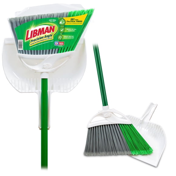 Libman Household Angle Broom and Dust Pan with Clean Fibers Comb, Green/White