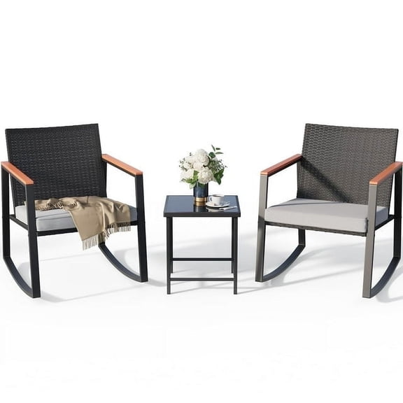 Lofka Patio Rocking Chairs Set with Glass Coffee Table, 3-Piece Outdoor Furniture Set for Balcony, PE Rattan, Gray