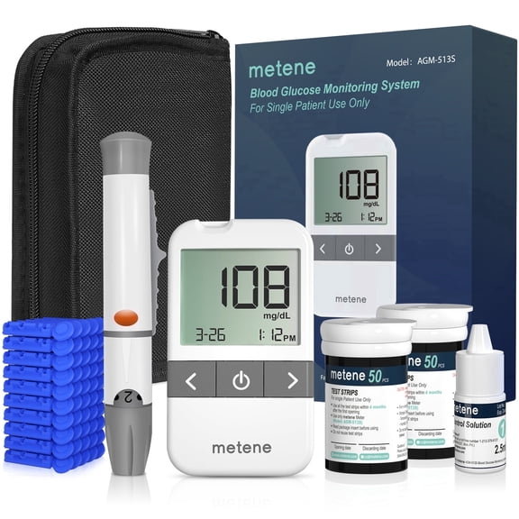 Metene AGM-513S Blood Glucose Monitor Kit, 100 Glucometer Strips, 100 Lancets, 1 Blood Sugar Monitor, 1 Control Solution, Lancing Device and Carrying Bag, No Coding