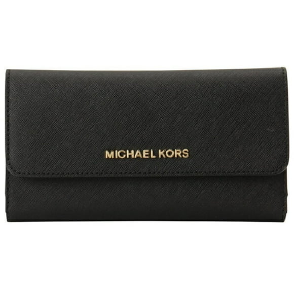 Michael Kors Womens Jet Set Travel Large Trifold Leather Wallet, Black