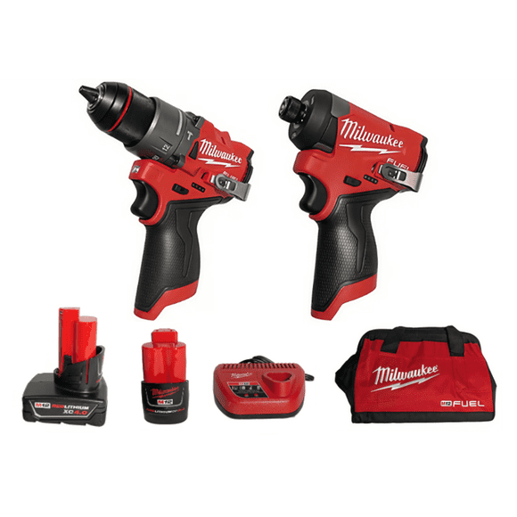 Milwaukee M12 FUEL 2-Tool Combo Kit (3497-22)  1/2 in Hammer Drill and 1/4 in Impact Driver, (2) Batteries, Charger and Bag