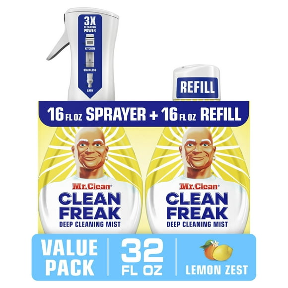 Mr. Clean Clean Freak Multi-Surface Spray, 1 Starter Kit, 1 Refill, Lemon Zest, 32 fl oz (4 Packs)