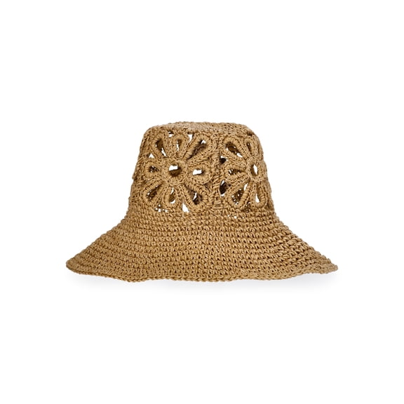 No Boundaries Floral Straw Bucket Hat, Women's, Natural