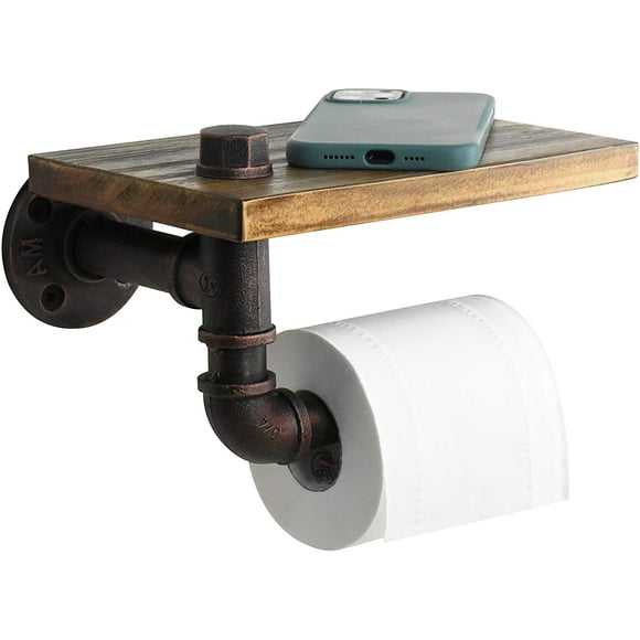 Nvzi Rustic Toilet Paper Holder Pipe with Shelf Industrial Toilet Roll Holder Wall Mount Farmhouse Wooden Toilet Tissue Paper Holder for Bathroom(Bronze)