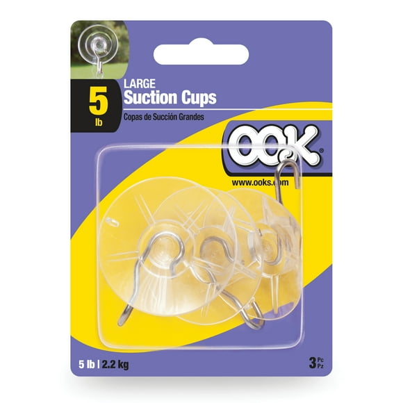 Ook Suction Cup Hooks, Suction Cup Hangers, Large, 5 lbs, PVC, Clear, 3 pack