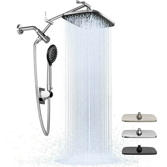 Ophanie 12 Inch Coverage High Pressure Rain Shower Head Combo with Adjustable Extension Arm, Wide Rainfall & 5 Modes Handheld Showerhead, Dual Anti-Clog Nozzles for Ultimate Experience, Silver Chrome