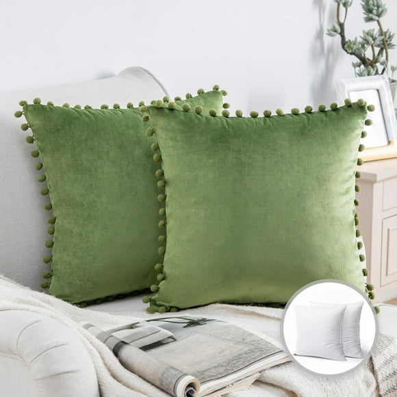 Phantoscope Throw Pillow with Insert，Silky Velvet Series Pom Pom Decorative pillow, 20" x 20", Green, 2 Pack