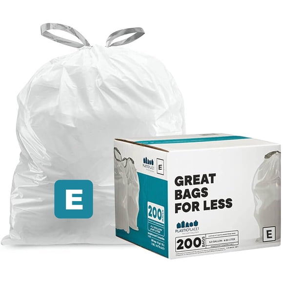 Plasticplace Custom Fit Trash Bags, Compatible with simplehuman Code E (200 Count) White Drawstring Garbage Liners 5.2 Gallon / 20 Liter, 18.5" x 20"