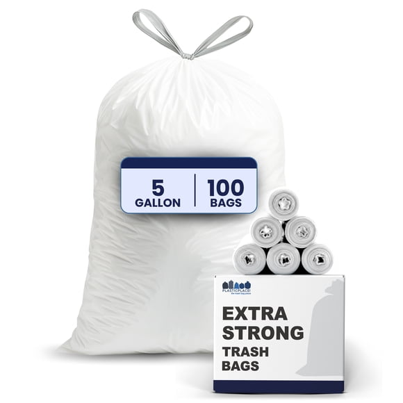 Plasticplace 5 Gallon Trash Bags - White Drawstring Garbage Bag Liners, 19" x 25" (100 Count)  Durable, Leak-Proof, Multi-Purpose Tall Kitchen, Bathroom, Office and Car TrashBag Plastic Bags 0.9 Mil
