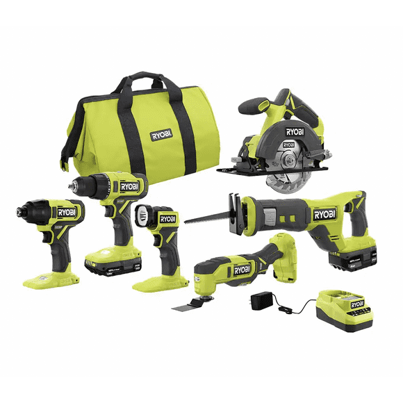 RYOBI ONE+ 18V Cordless 6-Tool Combo Kit with 1.5 Ah Battery, 4.0 Ah Battery, and Charger