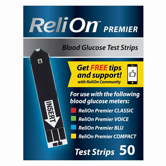 ReliOn Premier Blood Glucose Test Strips, 50 Count – Diabetes Blood Sugar Test Strips, No Coding, for ReliOn Premier Meters