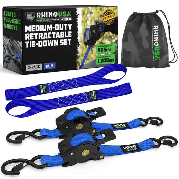 Rhino USA 1" x 10' Retractable Ratchet Straps 1,209lb Break Strength (Blue 2-Pack)