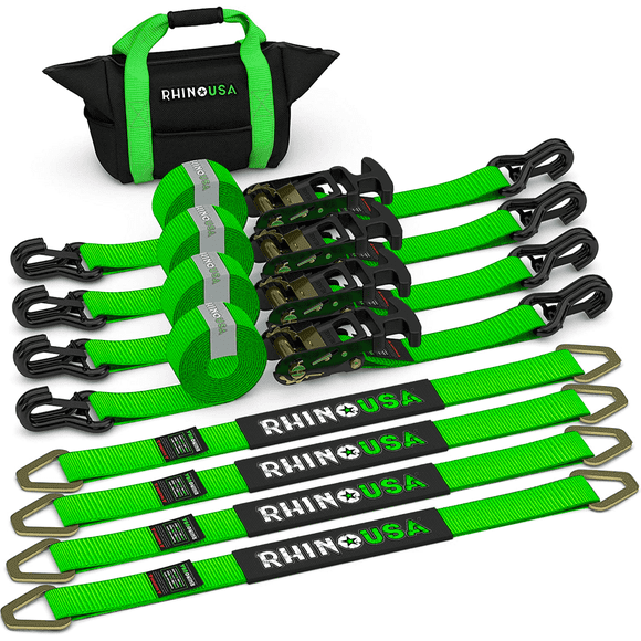 Rhino USA Car Tie Down Straps for Trailers w/ J Hooks - 2" x 8' (10,000lb Break Strength) 4pc Green