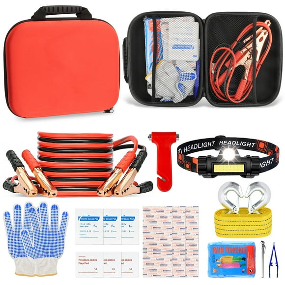 Roadside Assistance Emergency Kit Car Safety Kit Multipurpose Bag Car Premium with Battery Jumper Cable Kit for Car, Vehicle, Truck or SUV for Men or Women, Black  Roadside Emergency Car Kit-with Jum