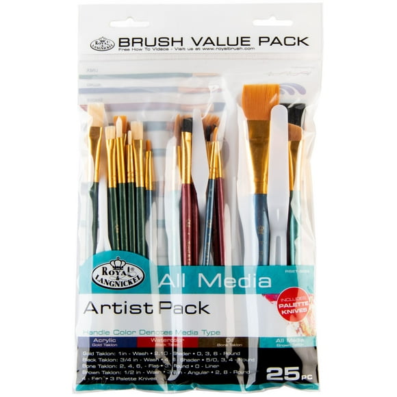 ROYAL & LANGNICKEL 25-Piece All-Media Taklon Brush Set  Wood Handles, Acrylic Oil, Watercolor, Value Kit