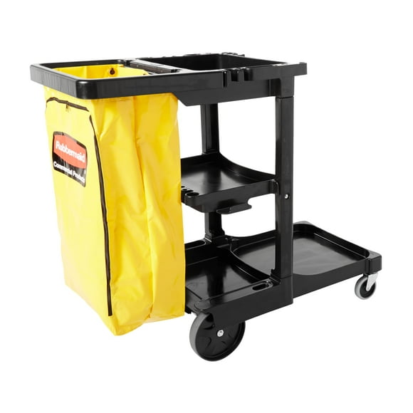 Rubbermaid Commercial Large Capacity Janitorial Cleaning Cart with Storage Shelves & Bag, Black