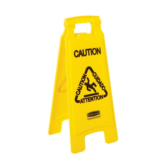 Rubbermaid Commercial Products Multilingual "Caution" Sign, 2 Sided, 26", Yellow