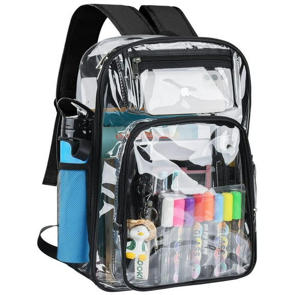 SANMADROLA Clear Backpack, Heavy Duty PVC Transparent Backpack Stadium approved with Reinforced Strap School Bookbag for School, Workplace, Stadium, Travel, Security, Festival, College (Black)