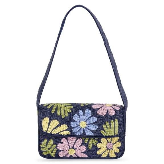 Scoop Women's Beaded Flap Shoulder Bag, Navy Print
